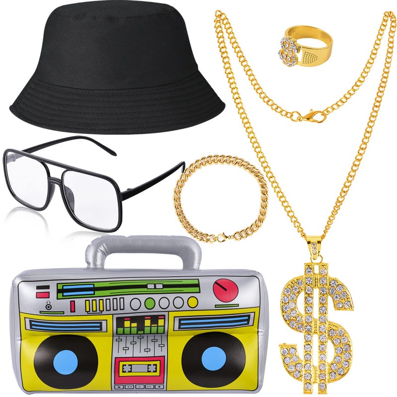 YAROMO 80s/ 90s Hip Hop Costume Kit with Dollar Sign (6 Pieces) - Image 1